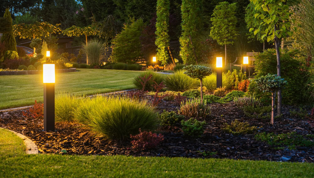 A well-maintained garden is illuminated by modern outdoor pathway lights at dusk, highlighting green shrubs, manicured grass, and landscaped flower beds.
